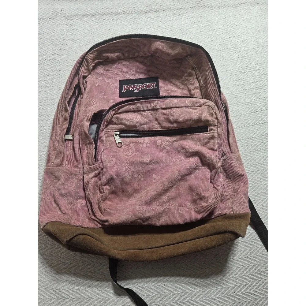 JanSport Right Pack Expressions Pink Corduroy Suede Leather Bottom Backpack